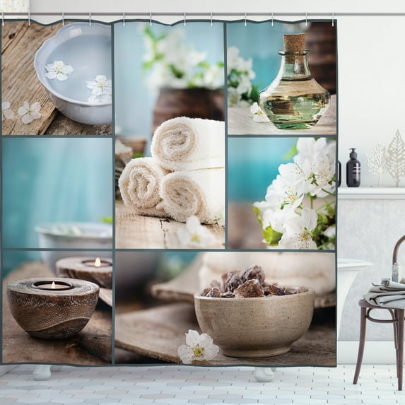 Ambesonne Spa Shower Curtain, Collage Flowers, 69"Wx70"L, Blue and White