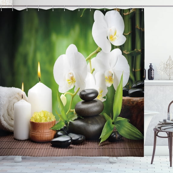 Ambesonne Spa Shower Curtain, Stones and Orchids, 69"Wx75"L, White Green and Black