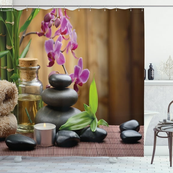 Ambesonne Spa Shower Curtain, Warm Stones and Flowers, 69"Wx70"L, Purple Black and Green