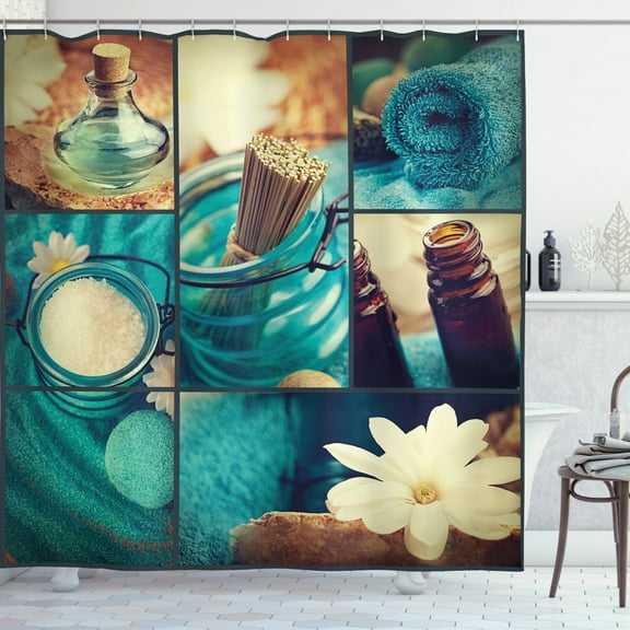 Ambesonne Spa Shower Curtain, White Daisies Collage, 69"Wx84"L, Blue Brown and White