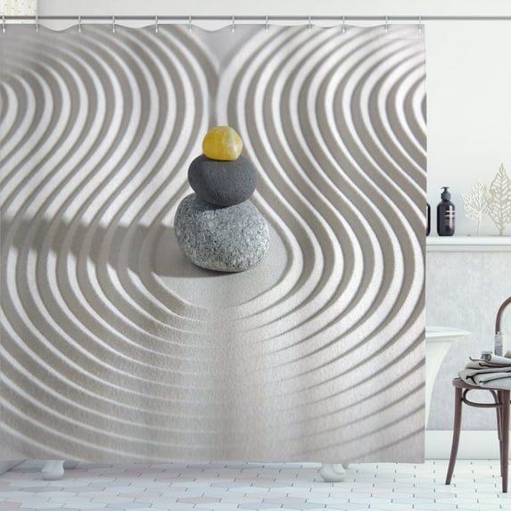 Ambesonne Spa Shower Curtain, White Sand Hot Stone Waves, 69"Wx75"L, Grey and Yellow