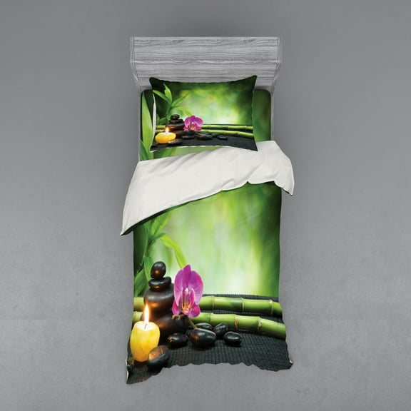 Ambesonne Spa Themed Bedding Set 3 Pcs, Orchid Leaves and Rocks, Twin, Apple Green and Fuchsia