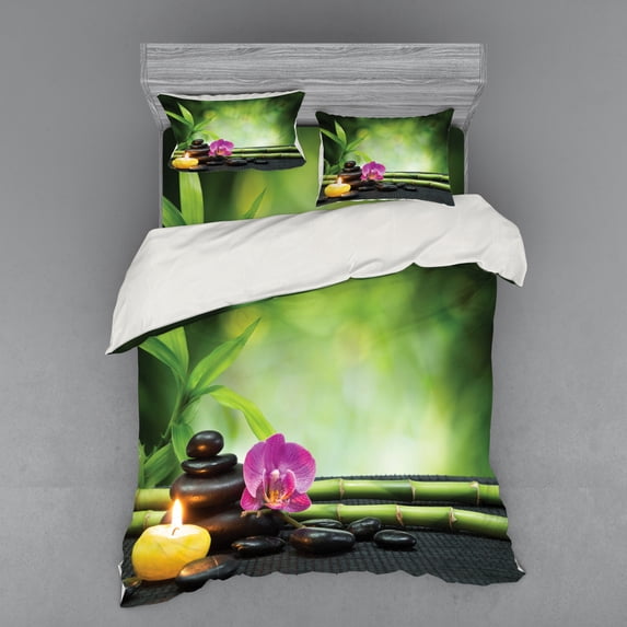 Ambesonne Spa Themed Bedding Set 4 Pcs, Orchid Leaves and Rocks, Queen, Apple Green and Fuchsia