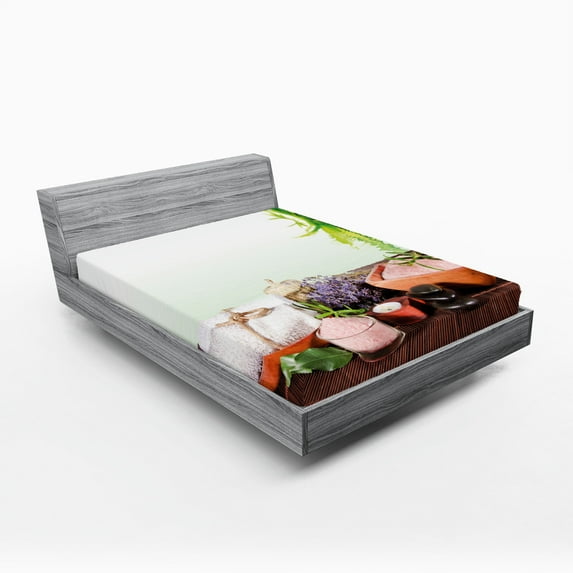 Ambesonne Spa Themed Fitted Sheet, Flowers Stones Picture, Queen Size, White Brown Green