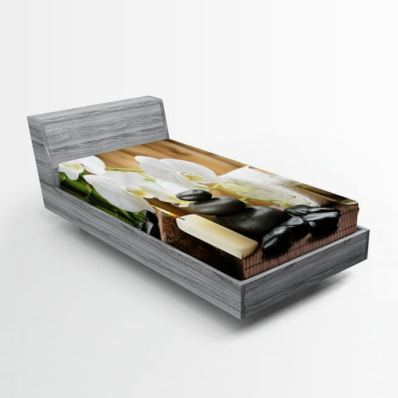 Ambesonne Spa Themed Fitted Sheet, Relaxing Stones Flowers, Twin XL Size, White Black Green