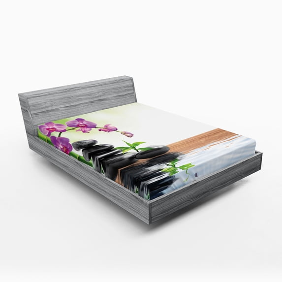 Ambesonne Spa Themed Fitted Sheet, Spring Orchid Calm Water, Queen Size, Multicolor
