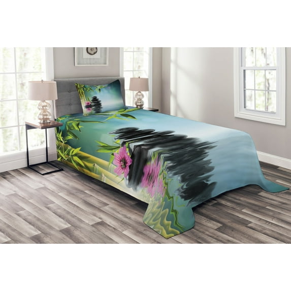 Ambesonne Spa Themed Quilted Bedspread Set 2 Pcs, Hibiscus Branch on Water, Twin Size, Petrol Blue Lime Green