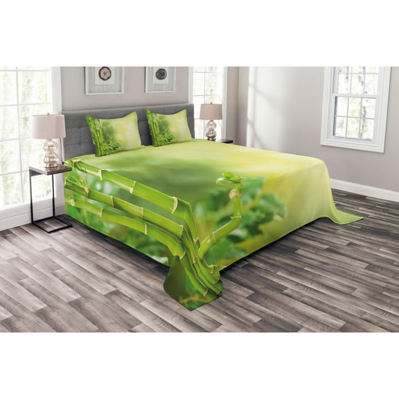 Ambesonne Spa Themed Quilted Bedspread Set 3 Pcs, Green Trees in Exotics, King Size, Pale Green and Green