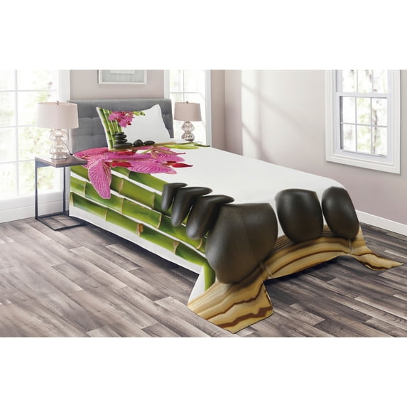 Ambesonne Spa Themed Quilted Coverlet 2 Pcs, Pink Orchid and Stones, Twin Size, Black Green and Pink