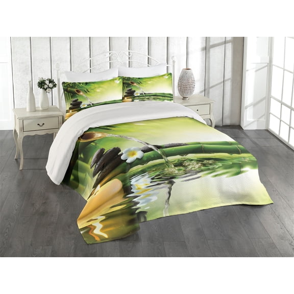 Ambesonne Spa Themed Quilted Coverlet 3 Pcs, Branch Stones Plumeria, Queen Size, Multicolor