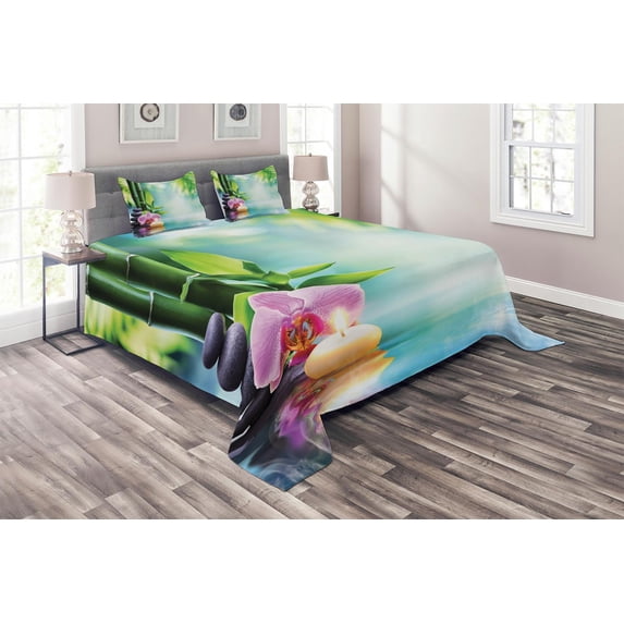 Ambesonne Spa Themed Quilted Coverlet 3 Pcs, Branch Tranquil Nature, King Size, Multicolor