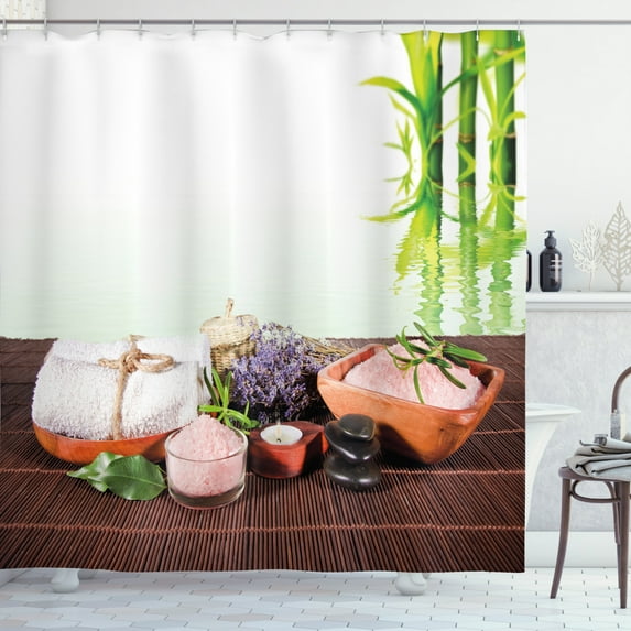 Ambesonne Spa Themed Shower Curtain, Flowers Stones Picture, 69"Wx70"L, White Brown Green