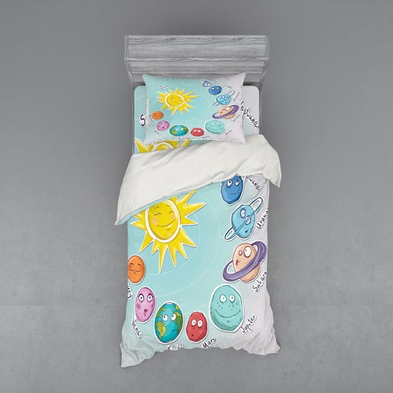 Ambesonne Space Bedding Set 3 Pcs, Cartoon Sun Planets, Twin, Multicolor