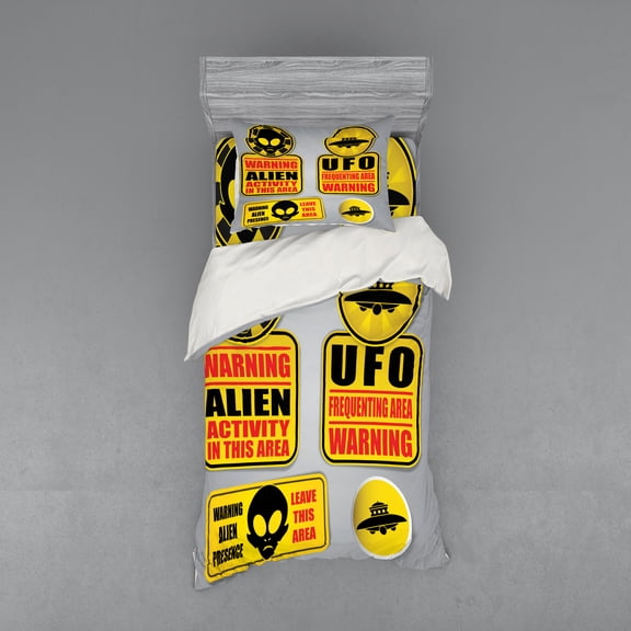 Ambesonne Space Bedding Set 3 Pcs, Warning Alien Danger, Twin XL, Black Yellow
