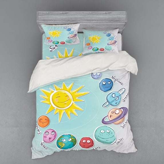 Ambesonne Space Bedding Set 4 Pcs, Cartoon Sun Planets, Queen, Multicolor