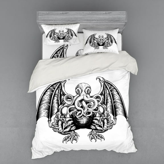 Ambesonne Space Bedding Set 4 Pcs, Cosmic Evil Monster, Queen, Black White