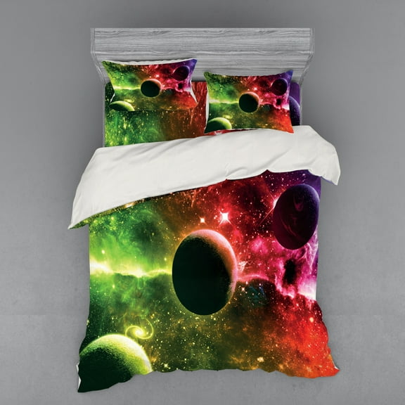 Ambesonne Space Bedding Set 4 Pcs, Cosmos Galaxy Nebula, Queen, Magenta Green