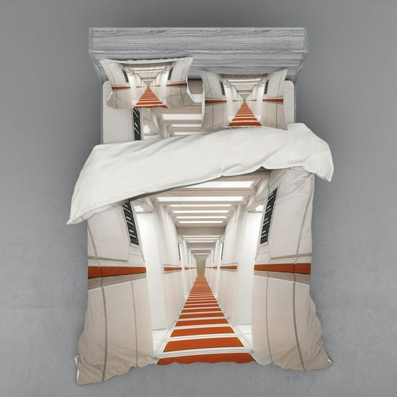 Ambesonne Space Bedding Set 4 Pcs, Interior Corridor, Queen, White and Red