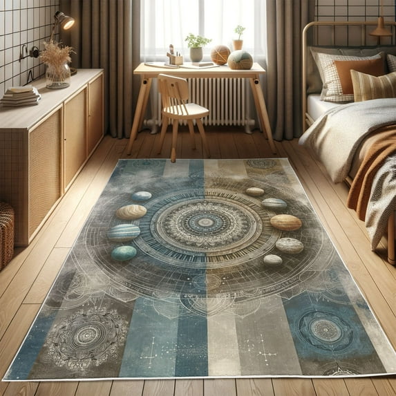 Ambesonne Space Boho Decorative Rug Carpet, Modern Art Outer Galaxy, 4' X 5' 5", Sea Blue Eggshell Tan
