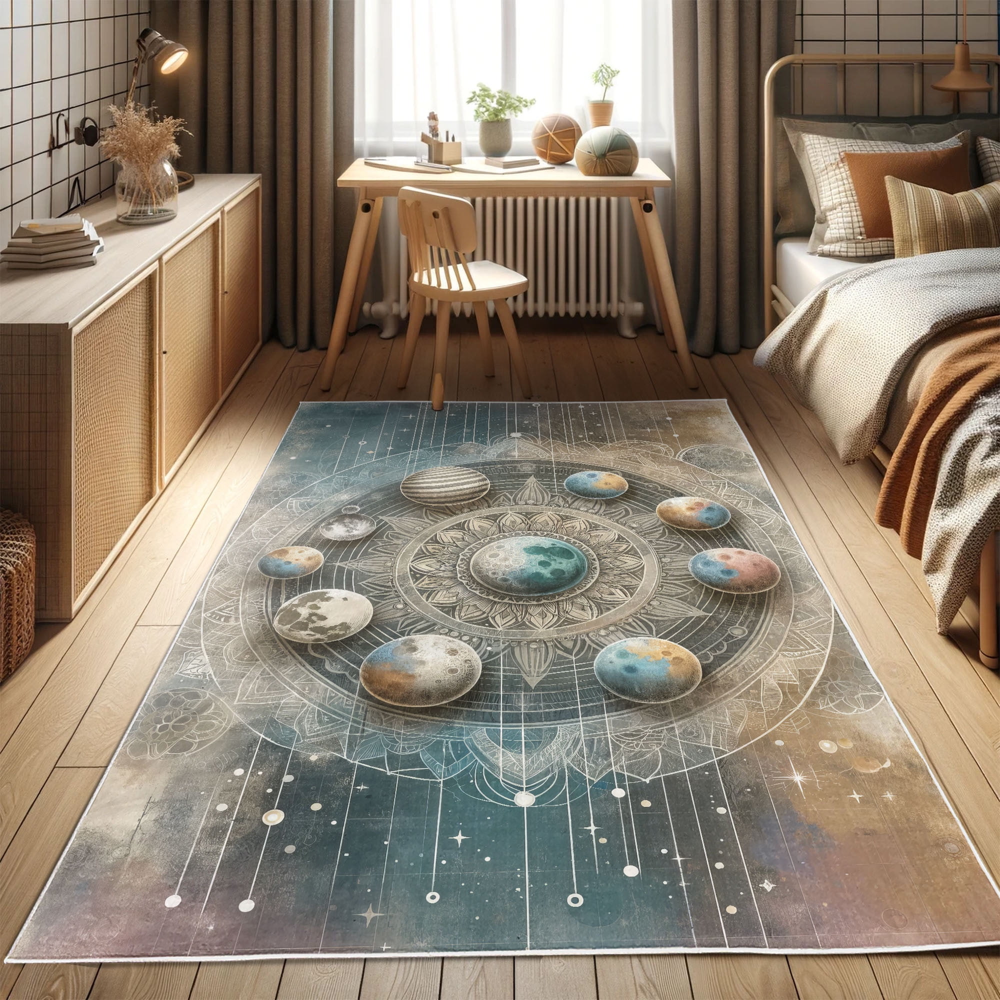 Gray Boho Mandala Planets Decorative Area Rug, 2' 5" x 5'
