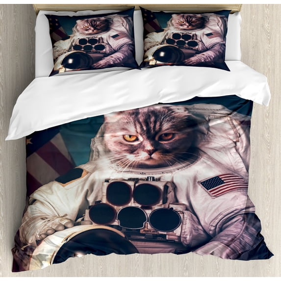 Ambesonne Space Cat Duvet Cover Set, American Flag Vintage, King, White Red and Dark Blue