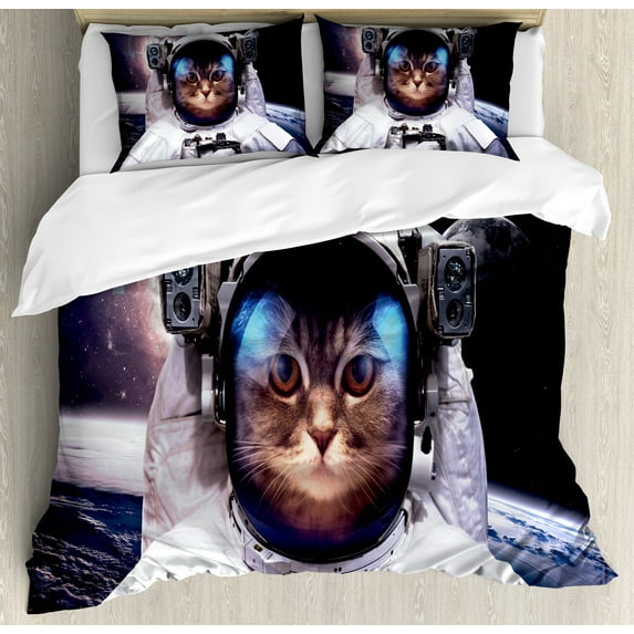 Ambesonne Space Cat Duvet Cover Set, Cosmos Cluster Zodiac, King, White and Dark Blue