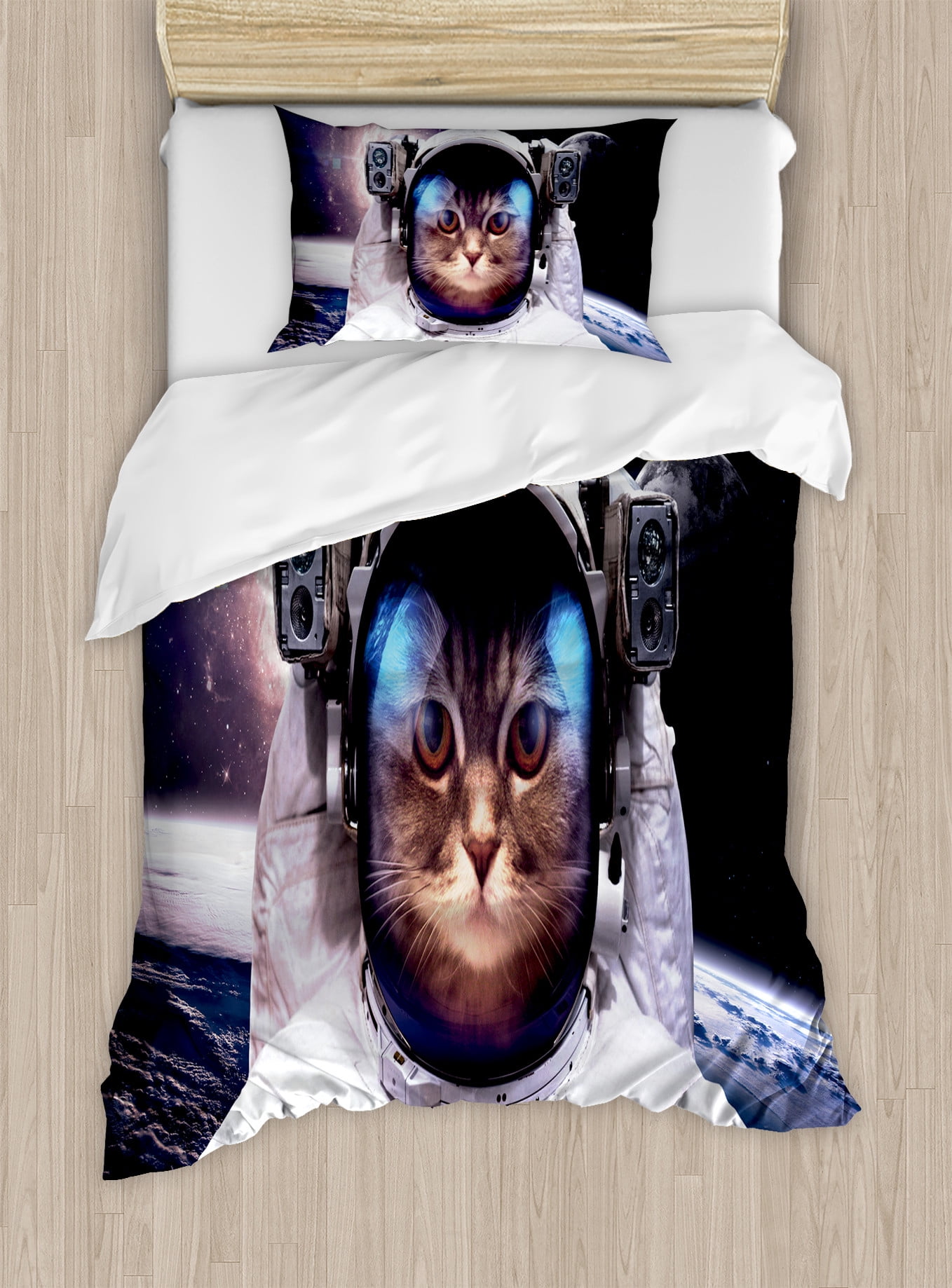 Twin Size White and Dark Blue Space Cat Duvet Cover Set