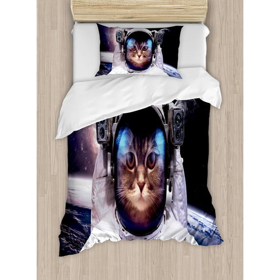 Ambesonne Space Cat Duvet Cover Set, Cosmos Cluster Zodiac, Twin, White and Dark Blue