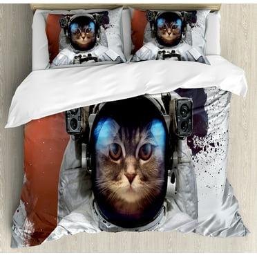Ambesonne Space Cat Duvet Cover Set, Grunge Cosmonaut Suit, Queen, White Purple and Orange