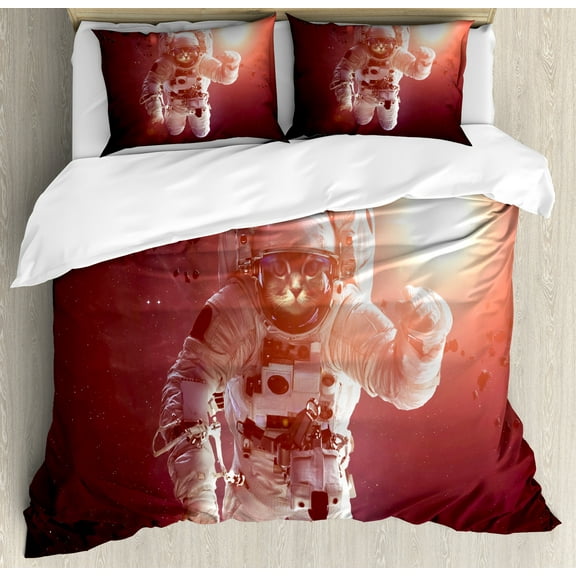 Ambesonne Space Cat Duvet Cover Set, Pet in Suit Galaxy, Queen, White Purple and Ruby
