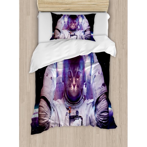 Ambesonne Space Cat Duvet Cover Sets, Galaxy Star Supernova, 2-Twin, Dark Blue Purple
