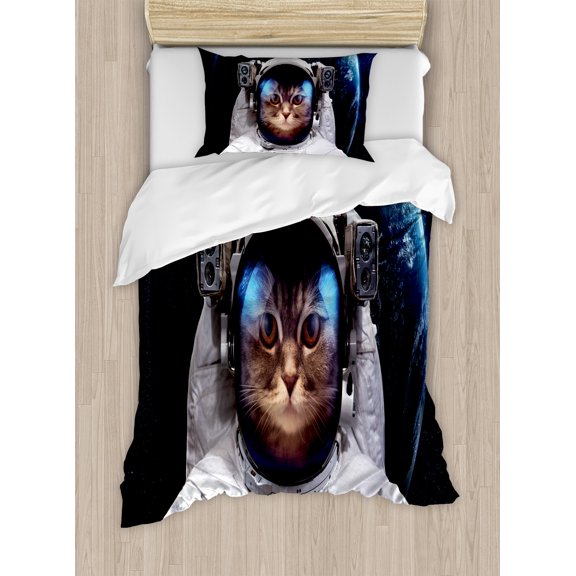 Ambesonne Space Cat Duvet Cover Sets, Planet Earth Backdrop, 2-Twin, White Green Dark Blue