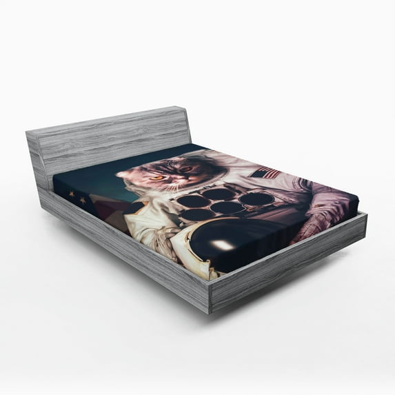 Ambesonne Space Cat Fitted Sheet, American Flag Vintage, Full Size, White Red and Dark Blue