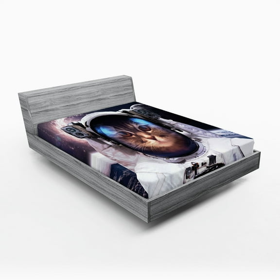 Ambesonne Space Cat Fitted Sheet, Cosmos Cluster Zodiac, Full Size, White and Dark Blue