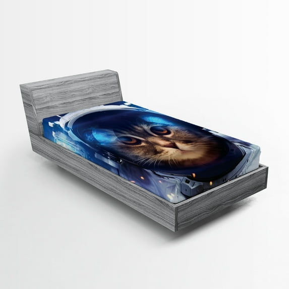 Ambesonne Space Cat Fitted Sheet, Felline Astronaut, Twin XL Size, Multicolor