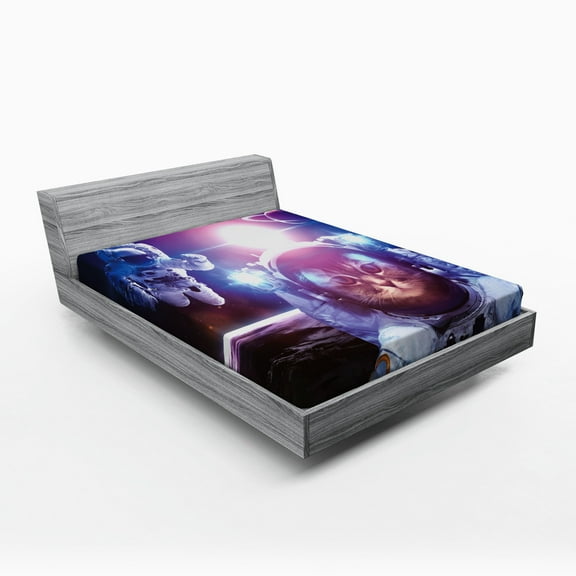 Ambesonne Space Cat Fitted Sheet, Galaxy Eclipse Saturn, Full Size, Dark Blue Purple