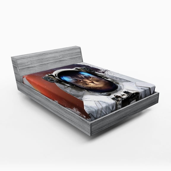 Ambesonne Space Cat Fitted Sheet, Grunge Cosmonaut Suit, Queen Size, White Purple and Orange