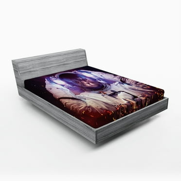 Ambesonne Space Cat Fitted Sheet, Nebula Galaxy Cosmos, Full Size, Dark Blue Purple