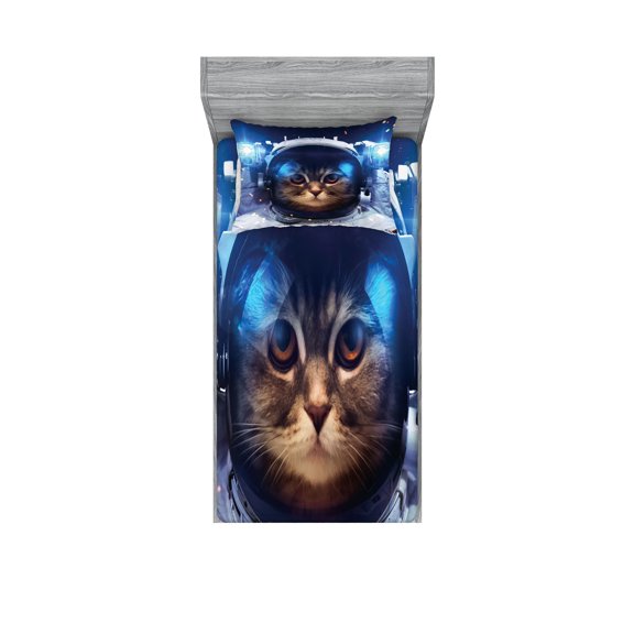 Ambesonne Space Cat Fitted Sheet & Pillow Sham Set, Felline Astronaut, Twin, Multicolor