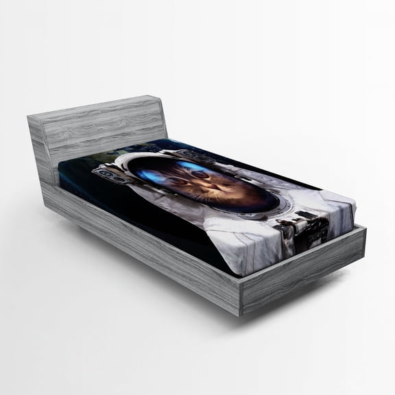 Ambesonne Space Cat Fitted Sheet, Planet Earth Backdrop, Twin Size, White Green Dark Blue