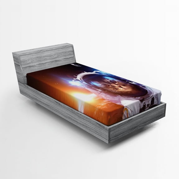 Ambesonne Space Cat Fitted Sheet, Sun Lunar Eclipse, Twin Size, Dark Blue Orange