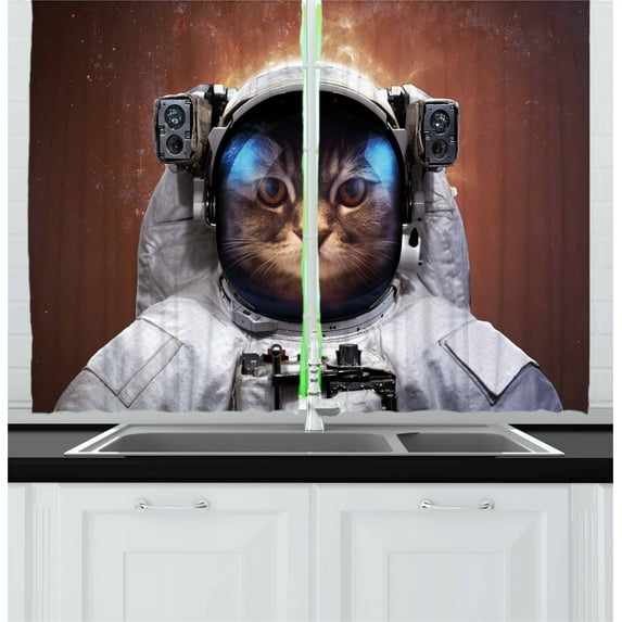 Ambesonne Space Cat Kitchen Curtains, Kitten in Milkyway, 55"x45", White and Pale Caramel