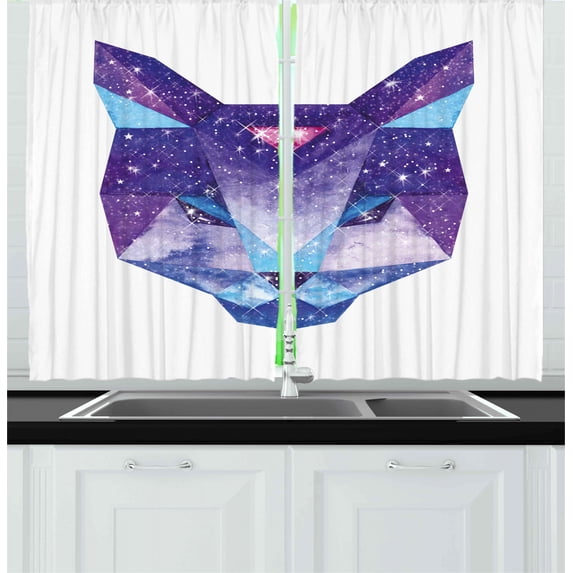 Ambesonne Space Cat Kitchen Curtains, Star Clusters Head, 55"x39", Sky Blue Purple