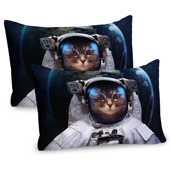 Ambesonne Space Cat Pillow Sham 2 Pack, Planet Earth Backdrop, 26"x20", White Green Dark Blue