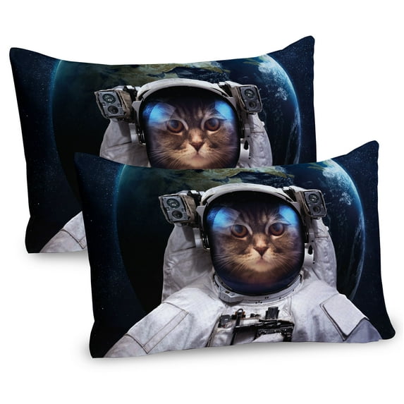 Ambesonne Space Cat Pillow Sham 2 Pack, Planet Earth Backdrop, 36"x20", White Green Dark Blue
