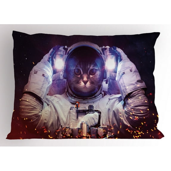 Ambesonne Space Cat Pillow Sham, Nebula Galaxy Cosmos, 26" X 20", Dark Blue Purple