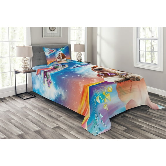 Ambesonne Space Cat Quilted Bedspread Set 2 Pcs, Cosmic Animals UFO, Twin Size, Multicolor