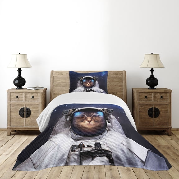 Ambesonne Space Cat Quilted Bedspread Set 2 Pcs, Kitty Suit in Cosmos, Twin Size, Navy Blue and White
