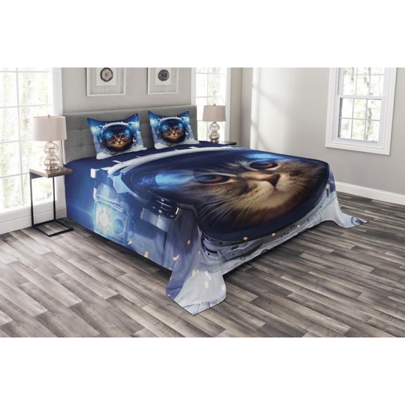 Ambesonne Space Cat Quilted Bedspread Set 3 Pcs, Felline Astronaut, King Size, Multicolor