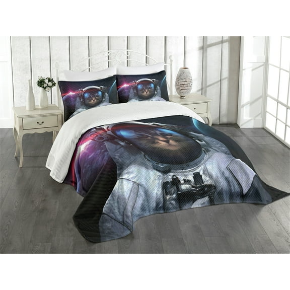 Ambesonne Space Cat Quilted Bedspread Set 3 Pcs, Galaxy Cosmos Nebula, Queen Size, Dark Blue White